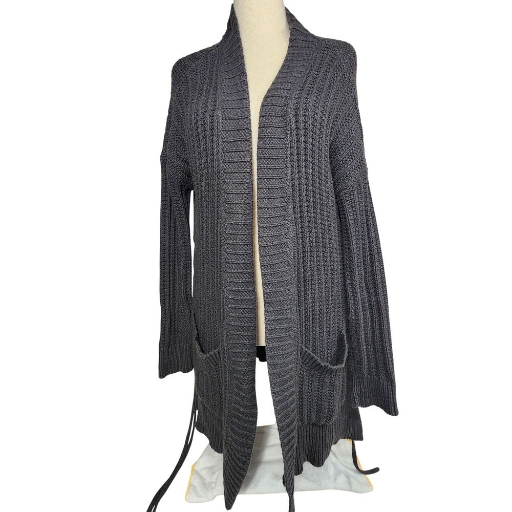 Express Cardigan Sweater Womens Medium Gray Lace Up Side Open Front Ribbed Knit